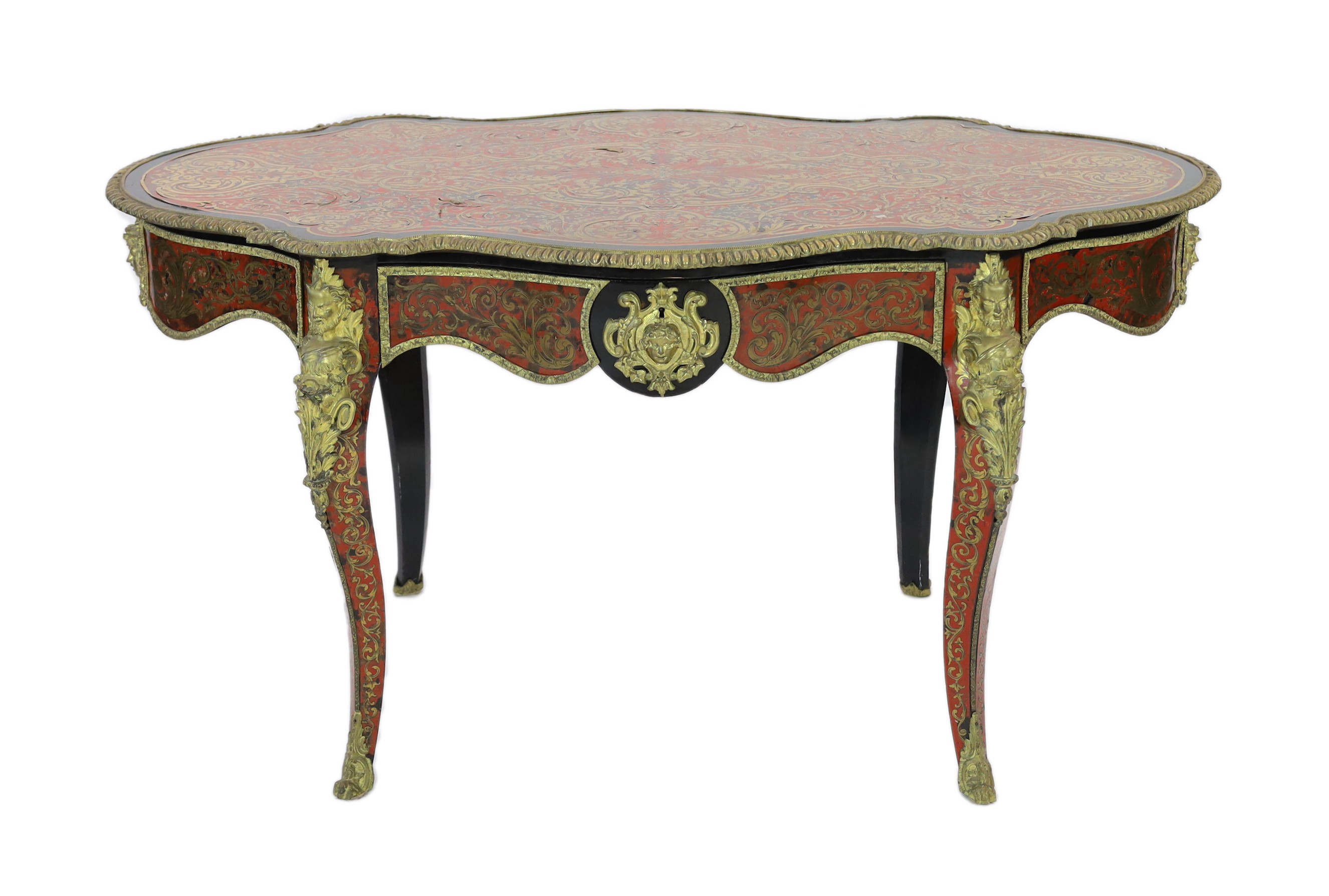 A 19th century French red boulle bureau plat, width 147cm depth 88cm height 77cm